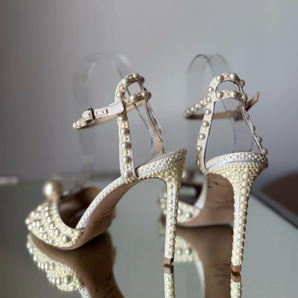 Like New Jimmy Choo Sacora 100 White Satin Sandals with All Over Pearls 38 - Picture 8 of 16